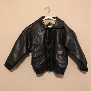 KC Collections Black Youth Leather Bomber Jacket/Coat, Varsity style, Map
